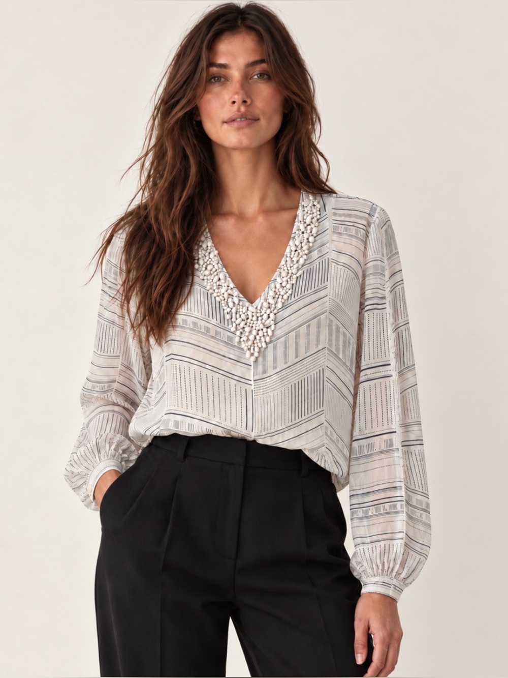 Banana Republic 100% Silk Beaded V-Neck Patterned Blouse White Sheer Flowy M